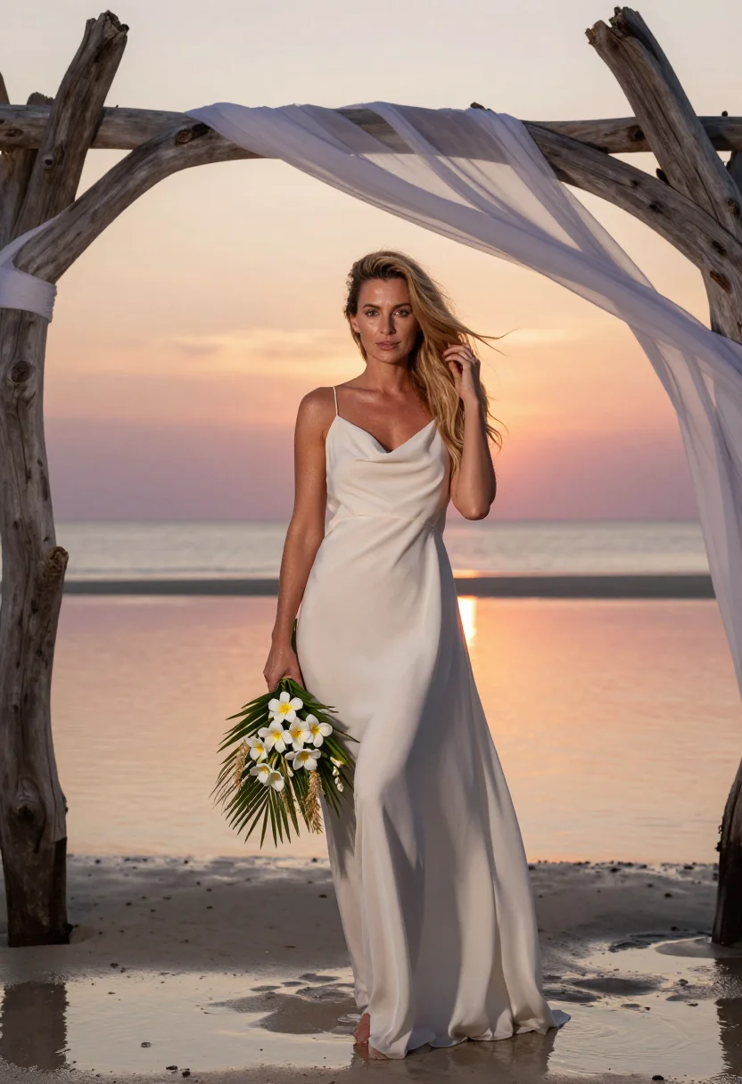 AI beach elopement sample — portrait of a woman, three-quarter-length portrait of a West