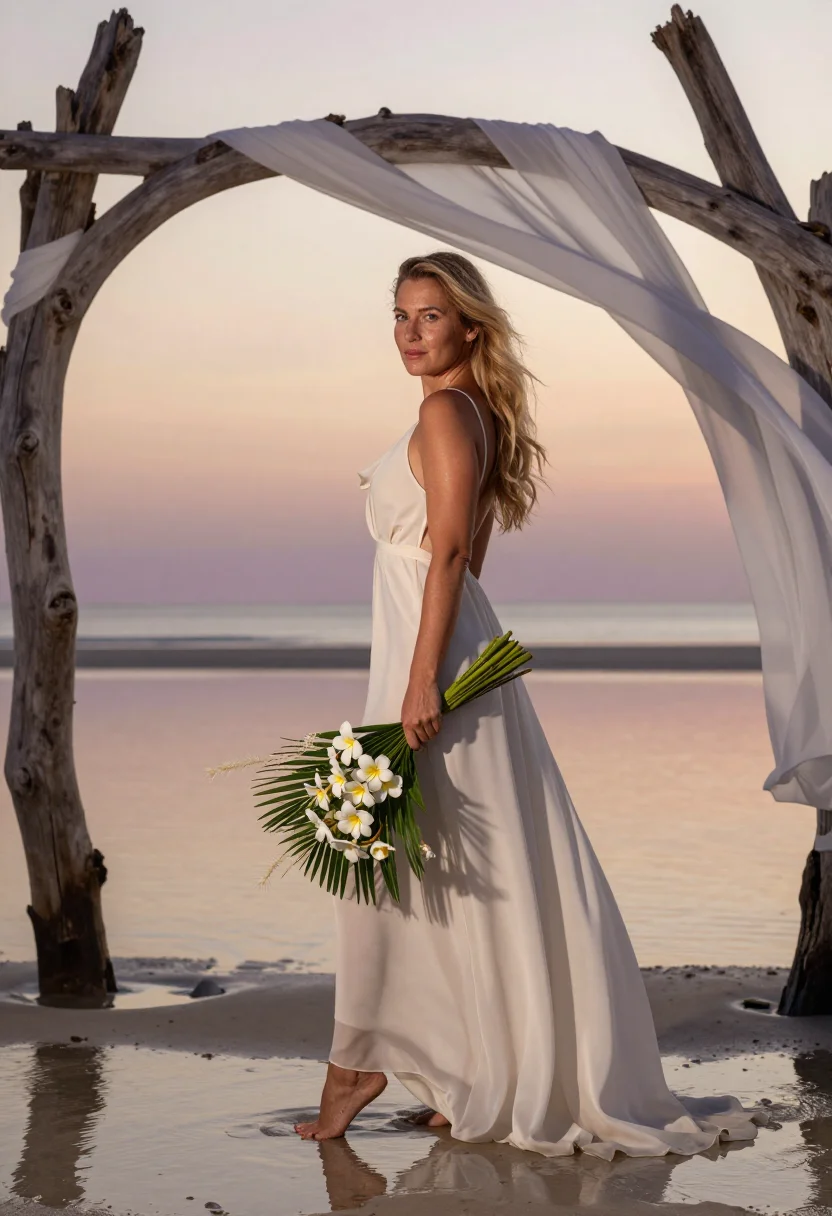 AI beach elopement sample — portrait of a woman, full-length portrait of a Western-Europ