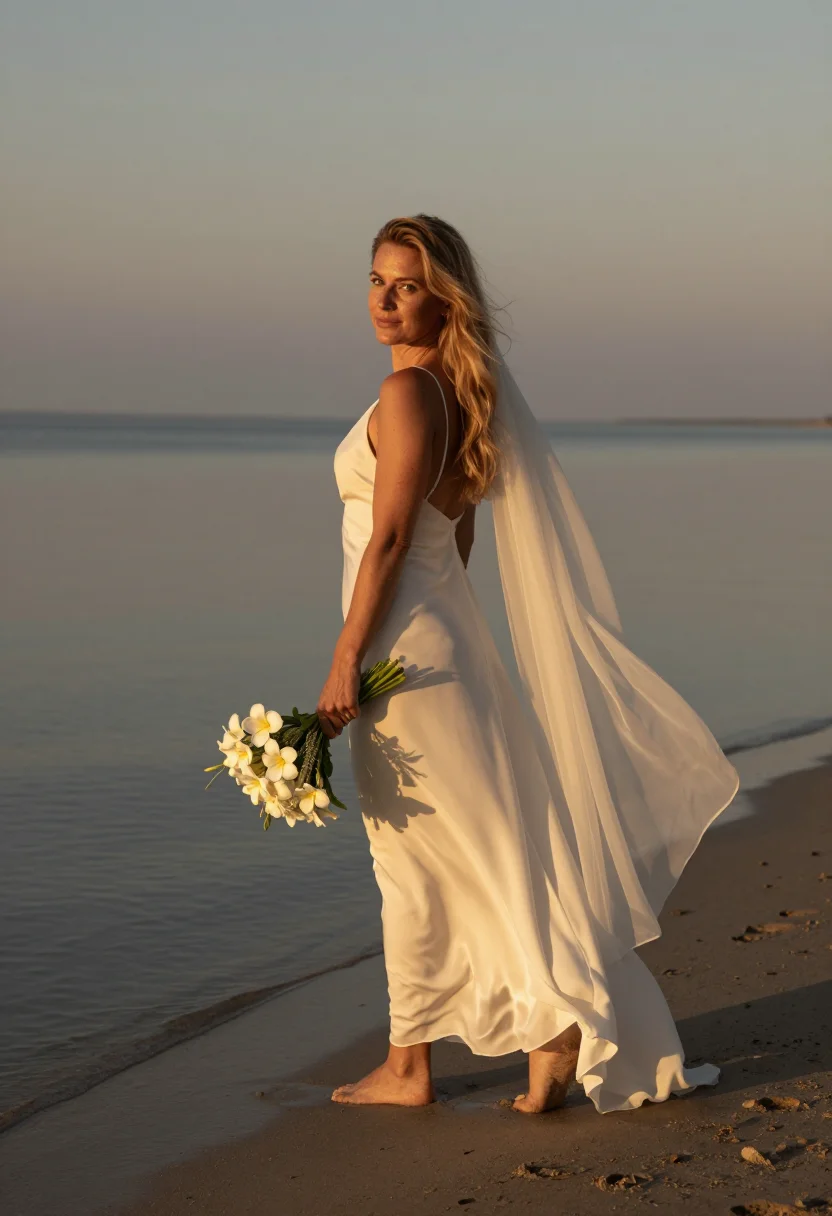 AI beach elopement sample — portrait of a woman, full-length portrait of a Western-Europ