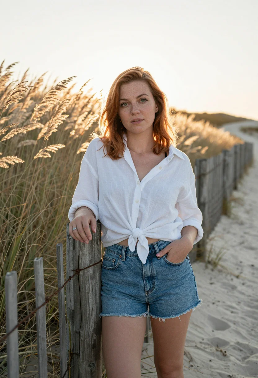 AI beach sample — portrait of a woman, three-quarter-length portrait of a West