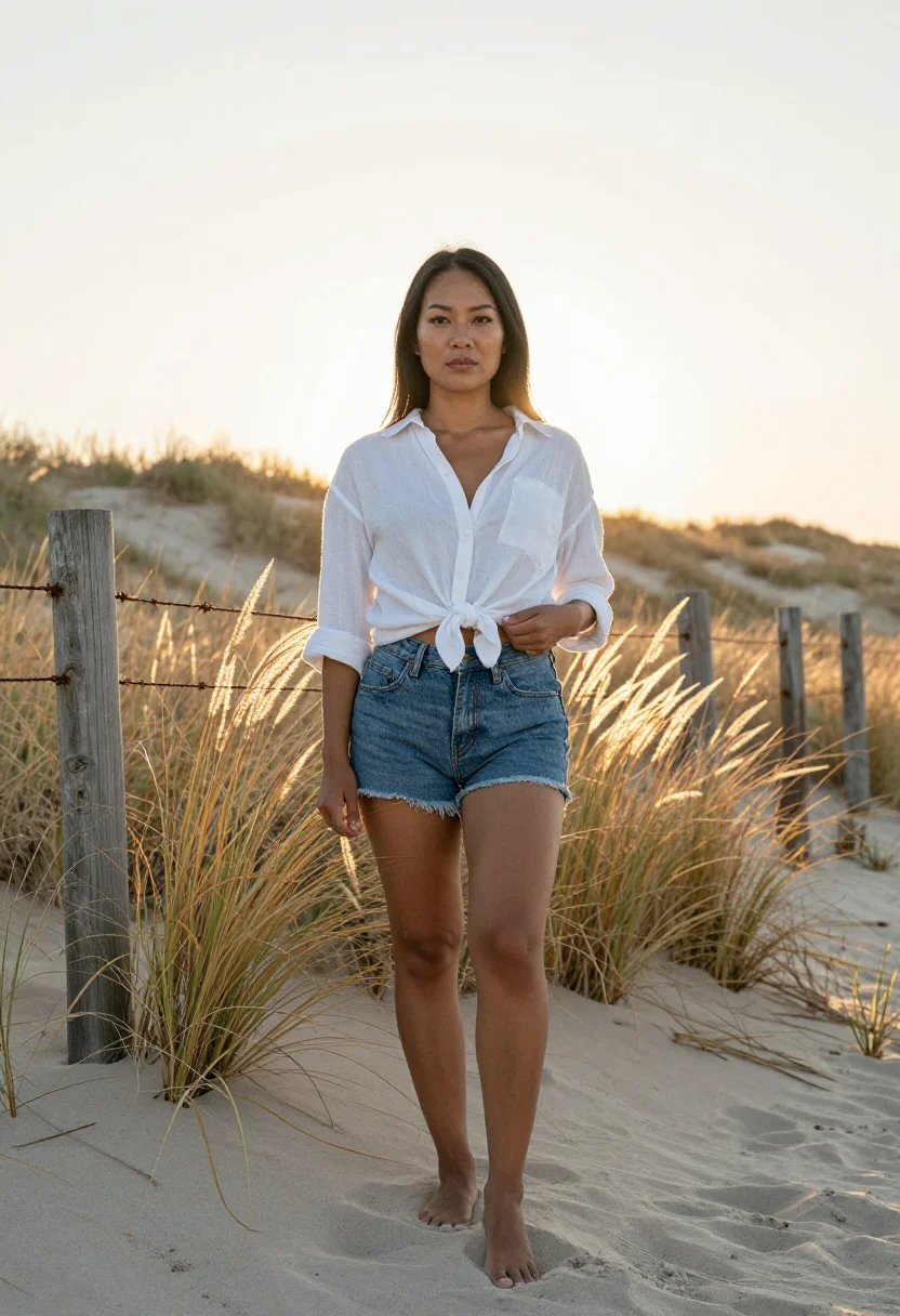 AI beach sample — portrait of a woman, full-length portrait of a Southeast-Asi