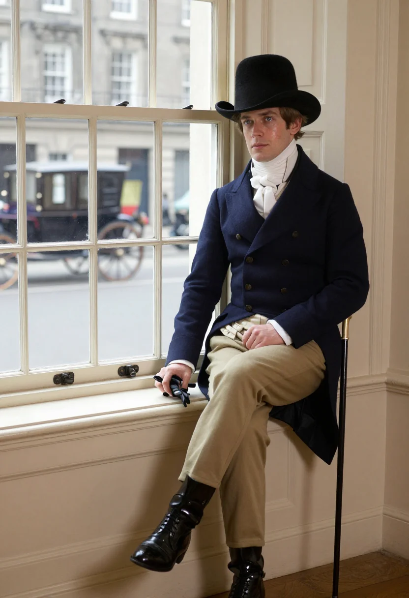 AI beau brummell dandy sample — portrait of a man, in his early thirties with fair skin, gre