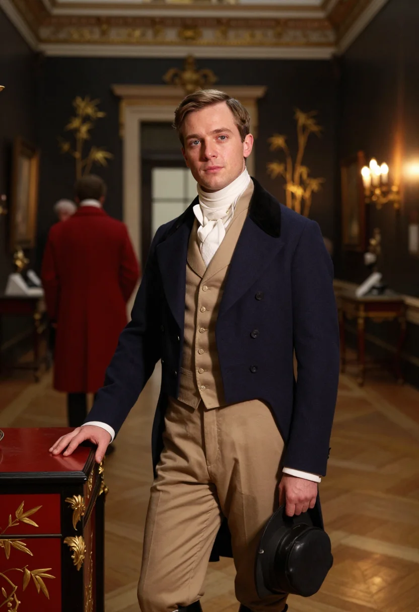 AI beau brummell sample — portrait of a man, chest-up over-the-shoulder portrait of a