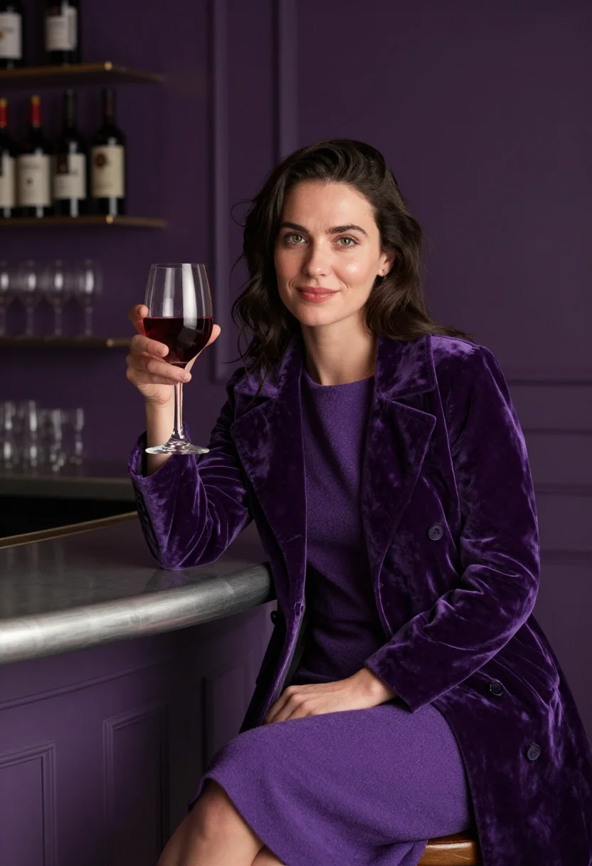 AI beaujolais nouveau bistro violet sample — portrait of a woman, framed from the waist up, a Western-Eur