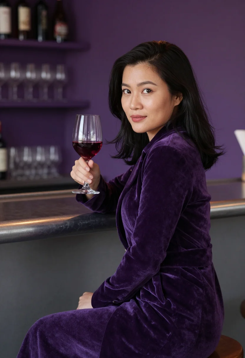 AI beaujolais nouveau bistro violet sample — portrait of a woman, framed chest-up, a Vietnamese-French wo