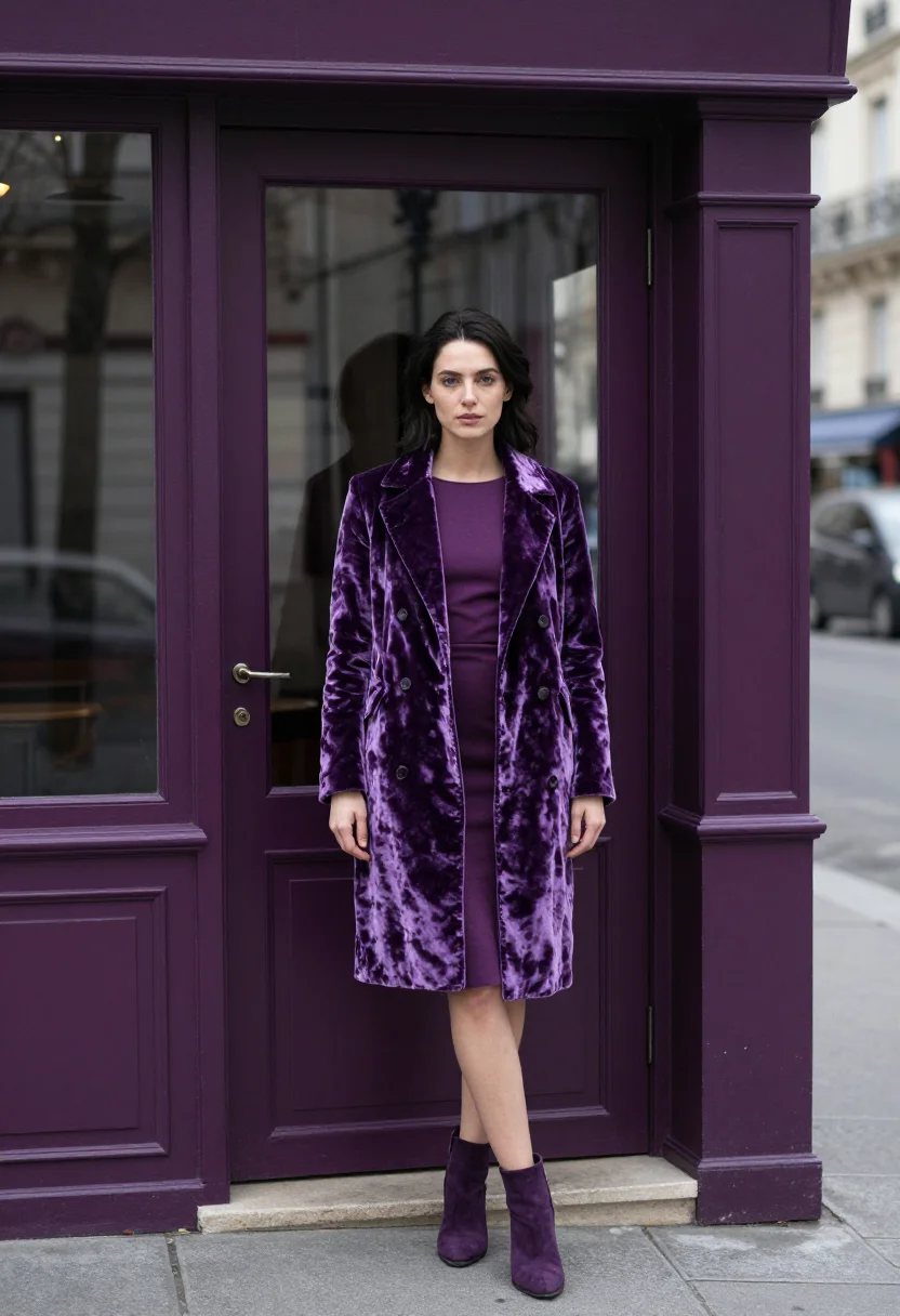AI beaujolais nouveau bistro violet sample — portrait of a woman, framed full-length, head to boots, a We