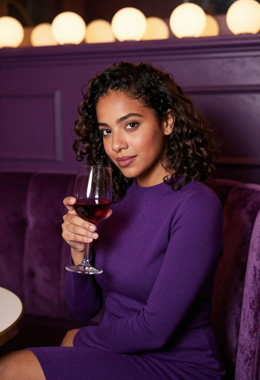AI beaujolais nouveau bistro violet sample — portrait of a woman, framed tight, head and shoulders, a Fre