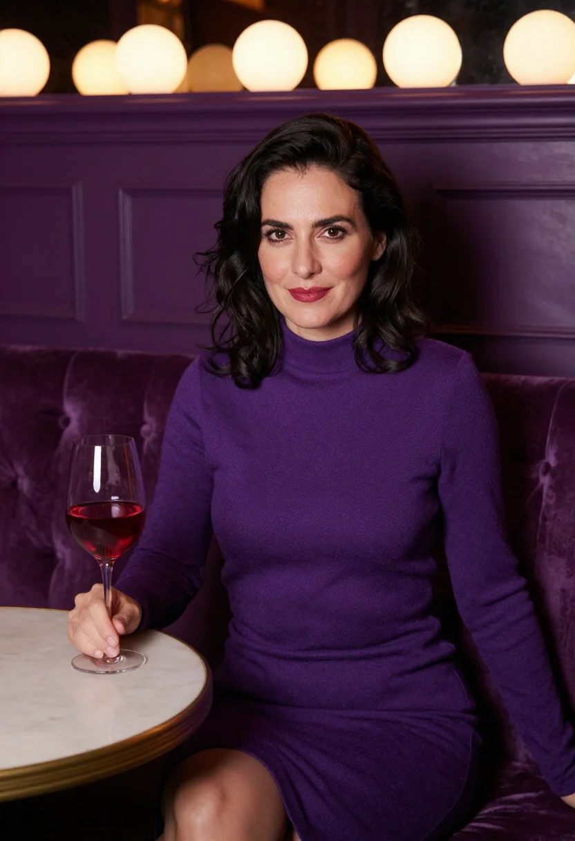 AI beaujolais nouveau bistro violet sample — portrait of a woman, framed from the waist up, a Western-Eur