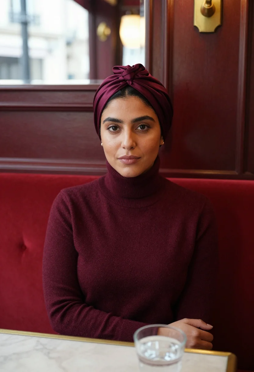 AI beauvoir cafe de flore turban bordeaux sample — portrait of a woman, framed half-length from the crown to th