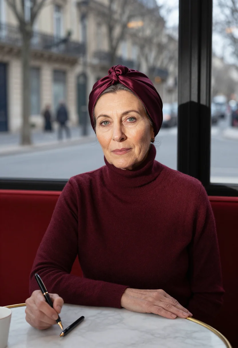 AI beauvoir cafe de flore turban bordeaux sample — portrait of a woman, framed half-length from the crown to th
