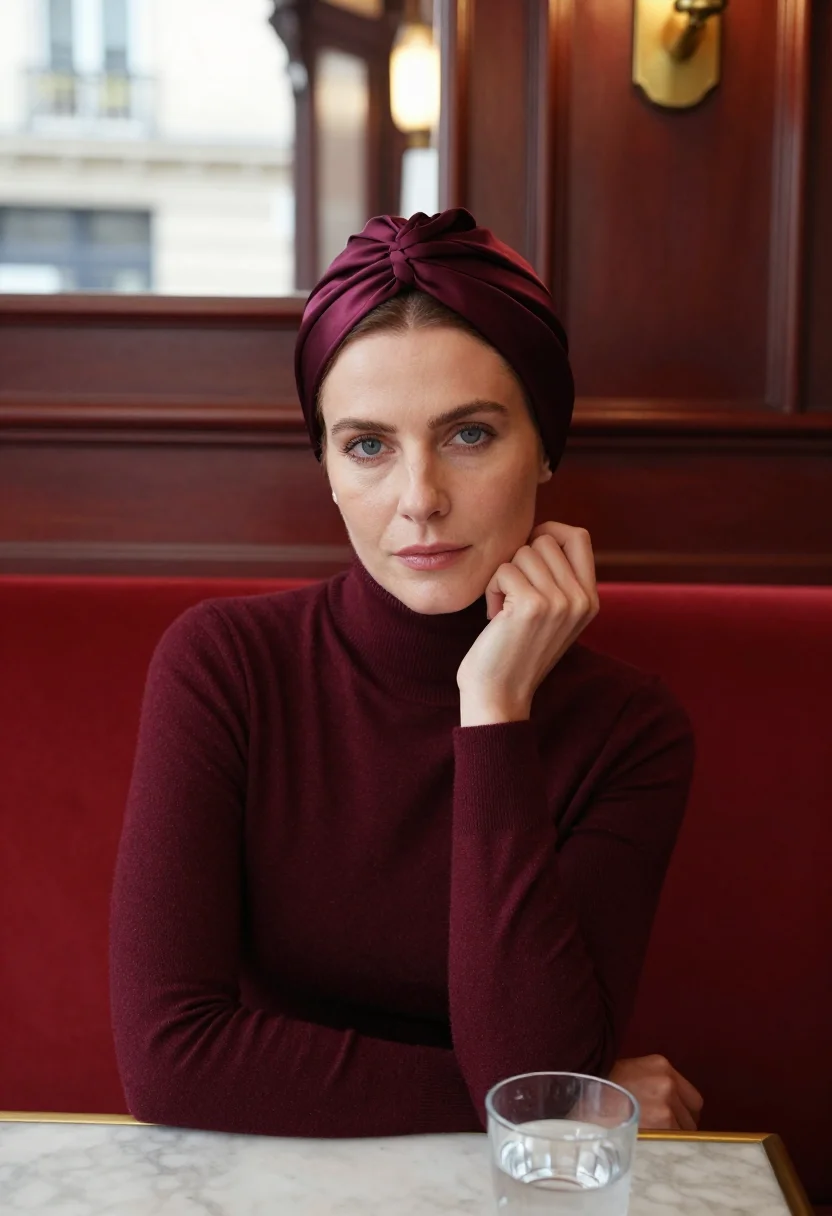 AI beauvoir cafe de flore turban bordeaux sample — portrait of a woman, framed chest-up from the ribs, the body