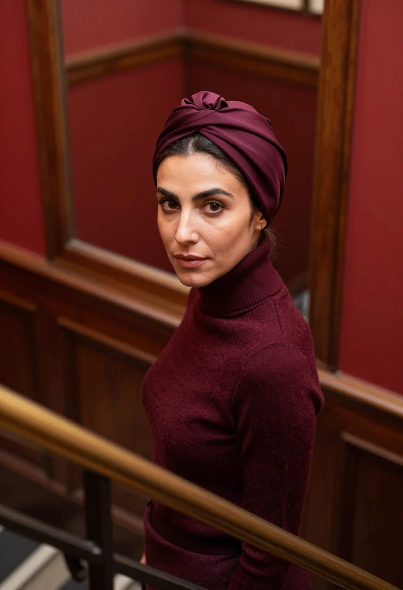 AI beauvoir cafe de flore turban bordeaux sample — portrait of a woman, framed tight, head and shoulders, the b