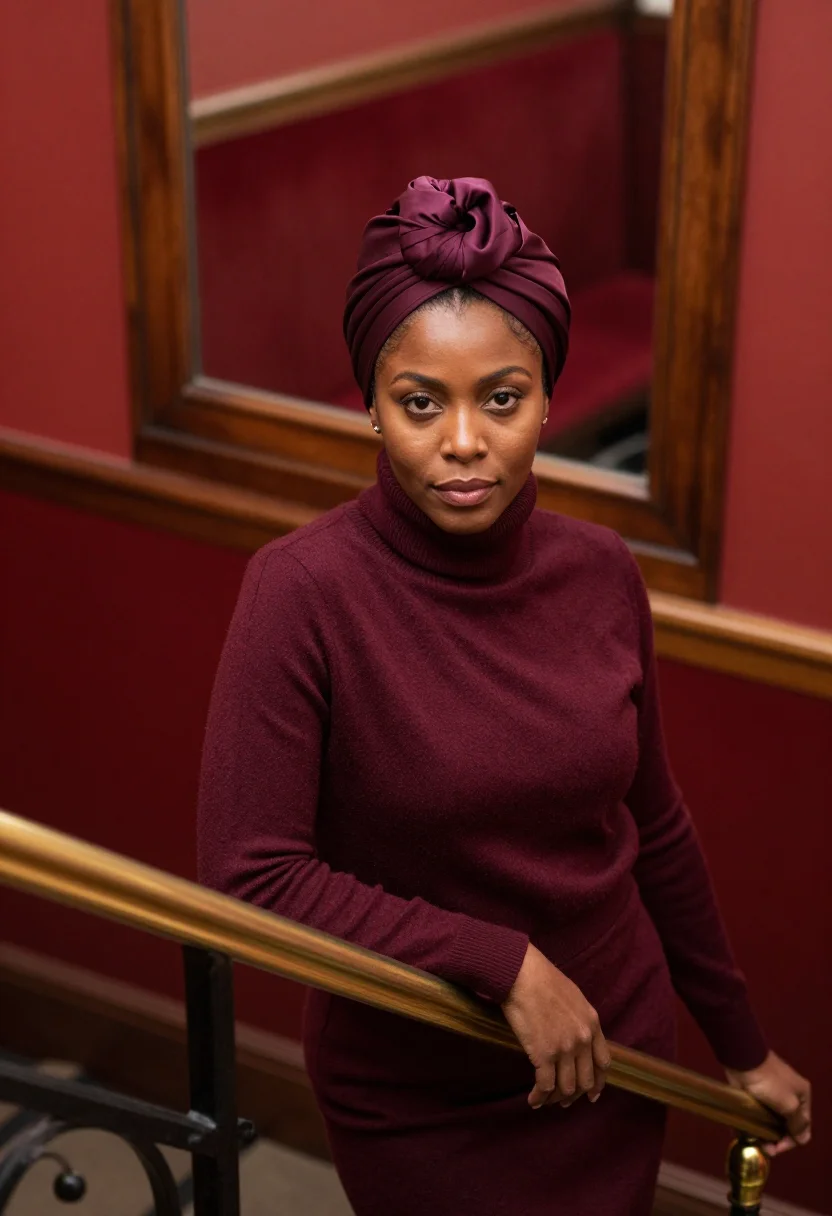 AI beauvoir cafe de flore turban bordeaux sample — portrait of a woman, framed chest-up from the ribs, the body