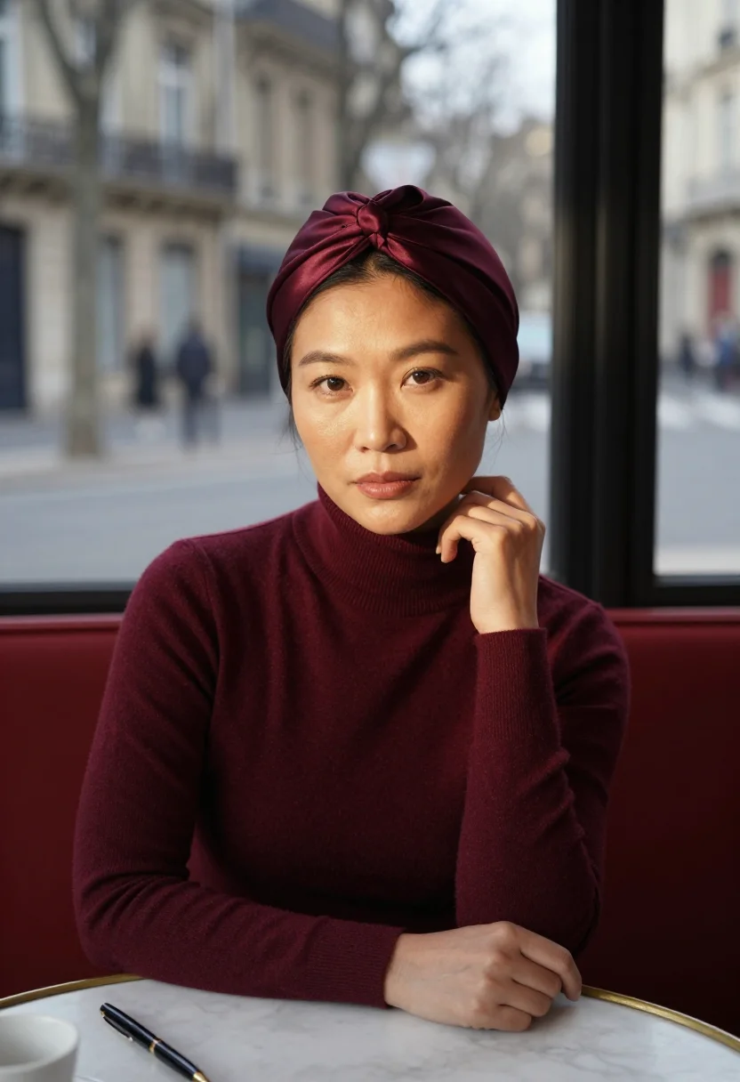AI beauvoir cafe de flore turban bordeaux sample — portrait of a woman, framed chest-up from the ribs, the body