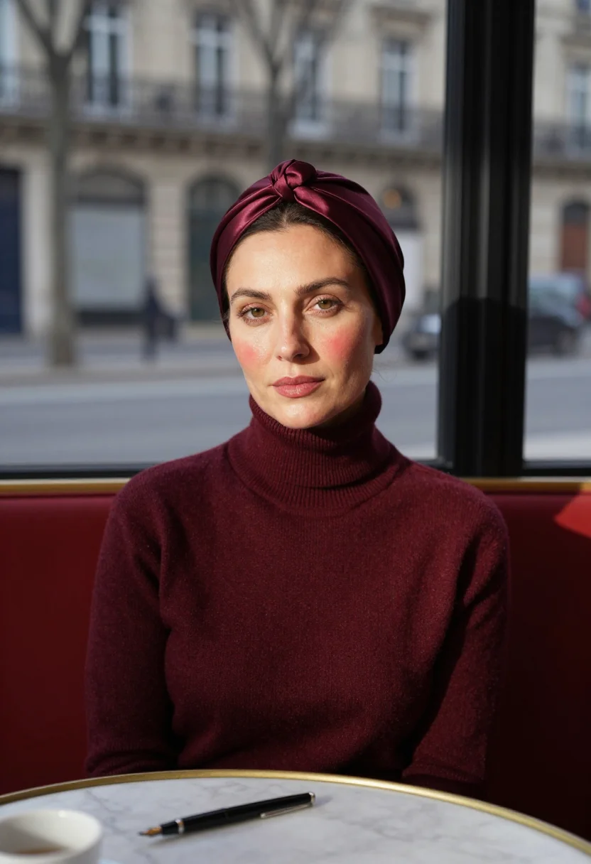 AI beauvoir cafe de flore turban bordeaux sample — portrait of a woman, framed tight, head and shoulders, the b