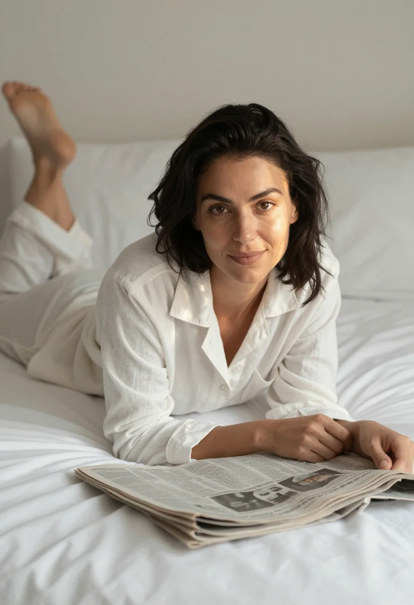 AI bed and coffee sample — portrait of a woman, prone portrait of a Western-European wo