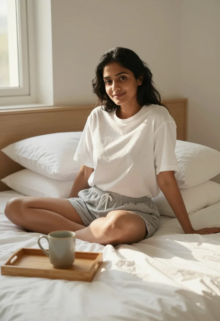AI bed and coffee sample — portrait of a woman, three-quarter-length portrait of a Sout