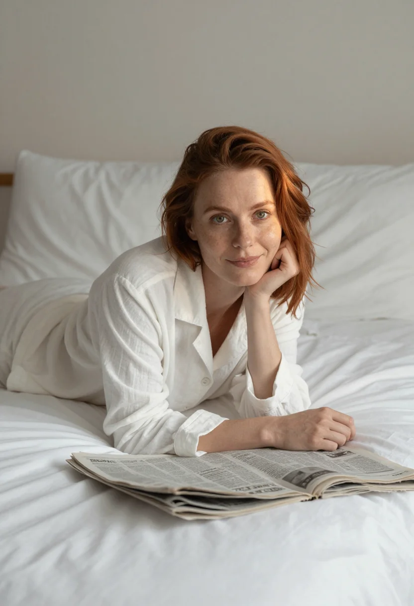 AI bed and coffee sample — portrait of a woman, three-quarter-length prone portrait of