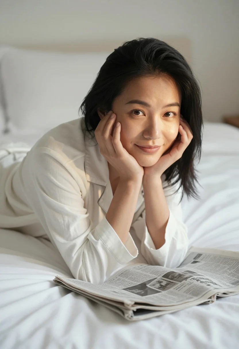 AI bed and coffee sample — portrait of a woman, close prone portrait of an East-Asian w