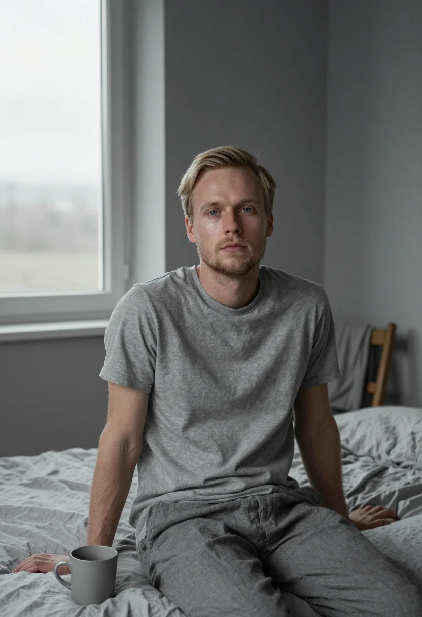 AI bedroom linen grey morning sample — portrait of a man, framed tight, head and shoulders, the bod