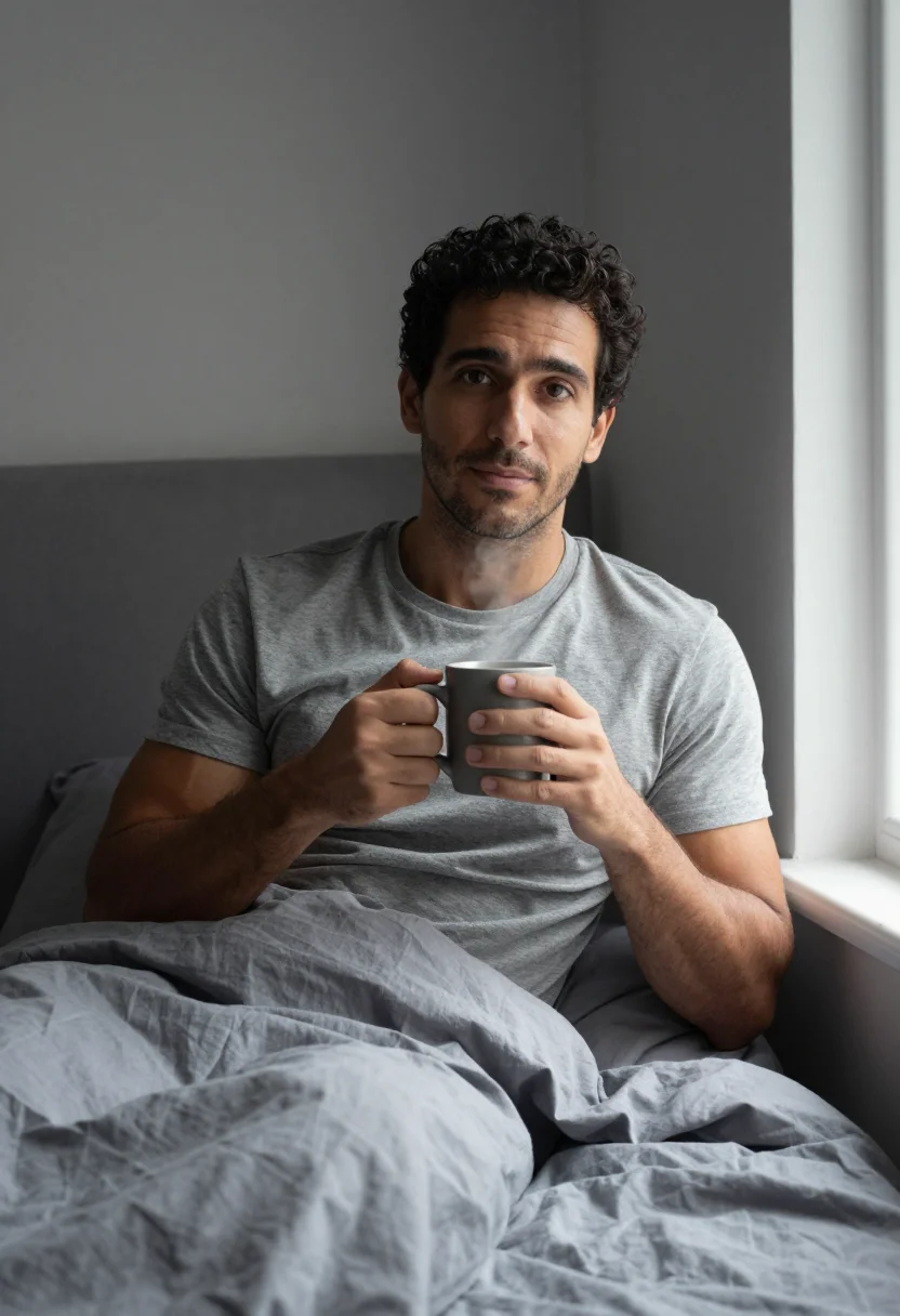 AI bedroom linen grey morning sample — portrait of a man, framed chest-up, the body close to the le