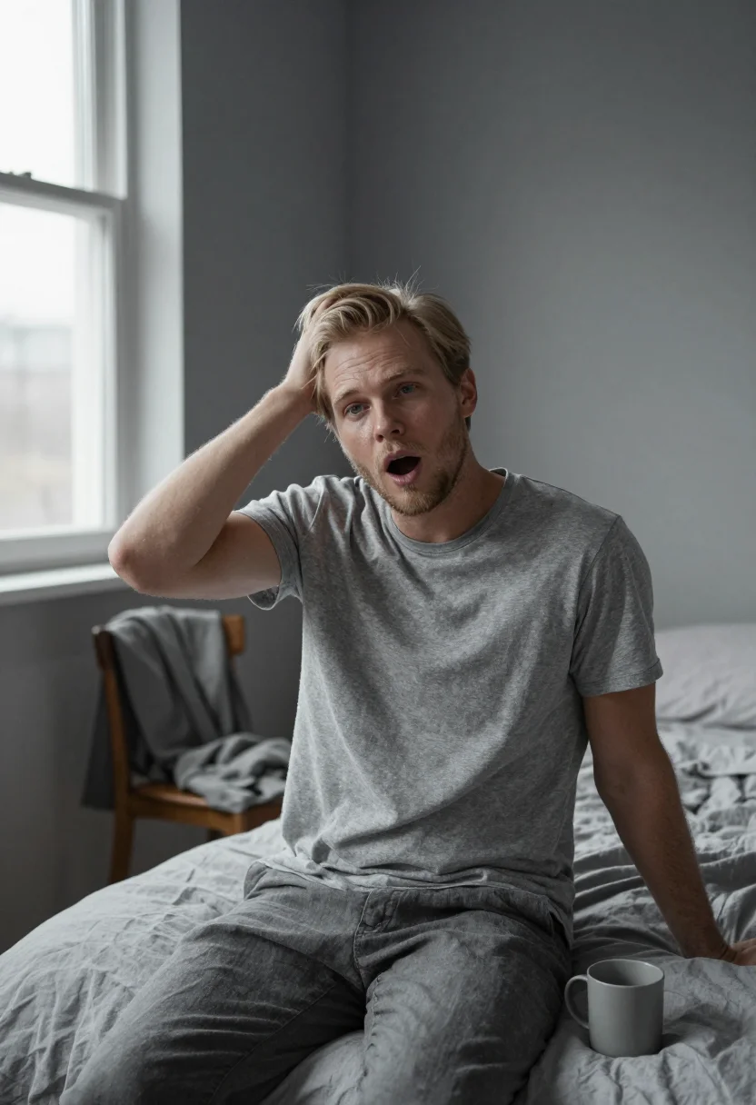 AI bedroom linen grey morning sample — portrait of a man, framed chest-up, the body close to the le