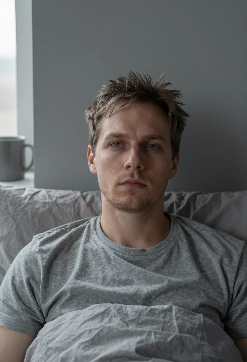 AI bedroom linen grey morning sample — portrait of a man, framed tight, head and shoulders, the bod
