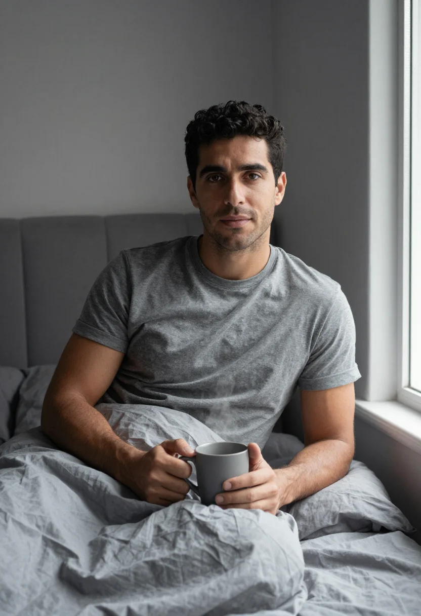 AI bedroom linen grey morning sample — portrait of a man, framed half-length from the crown to the