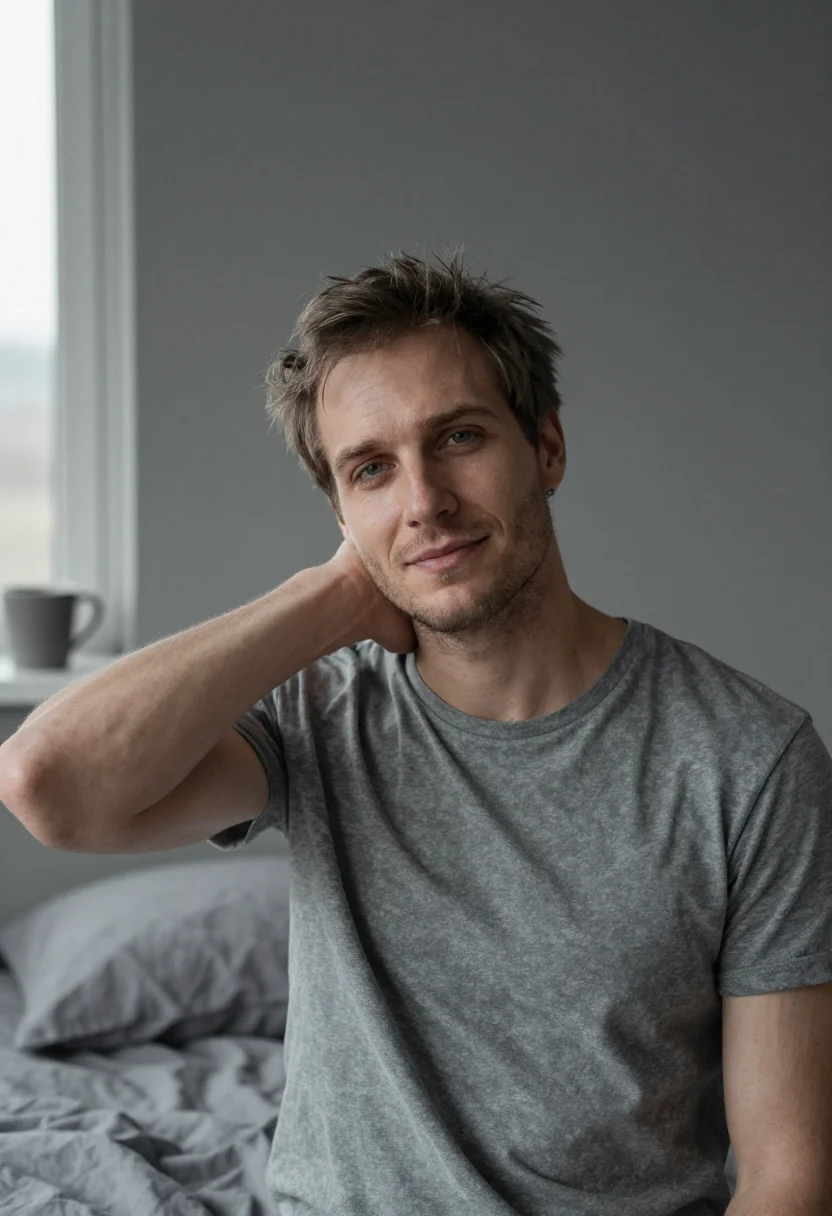 AI bedroom linen grey morning sample — portrait of a man, framed chest-up, the body close to the le