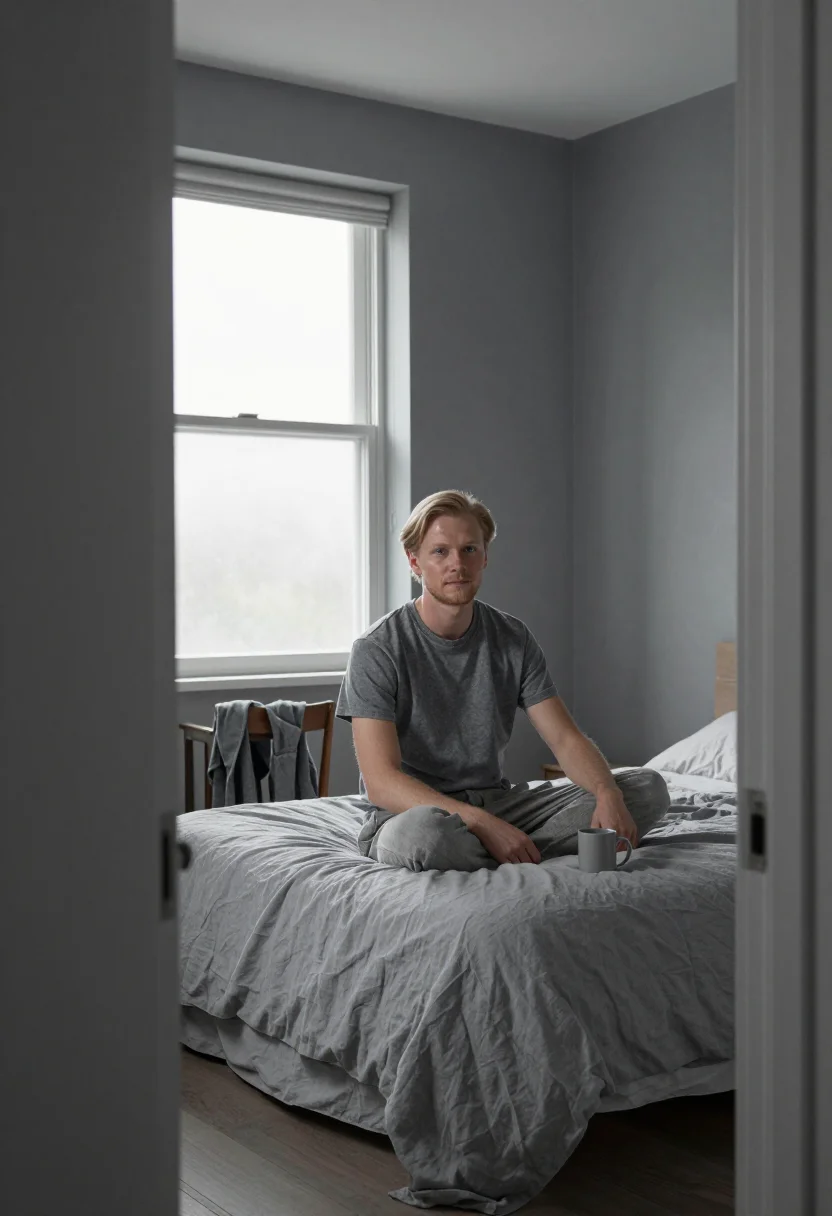 AI bedroom linen grey morning sample — portrait of a man, framed wide, the whole bedroom seen from