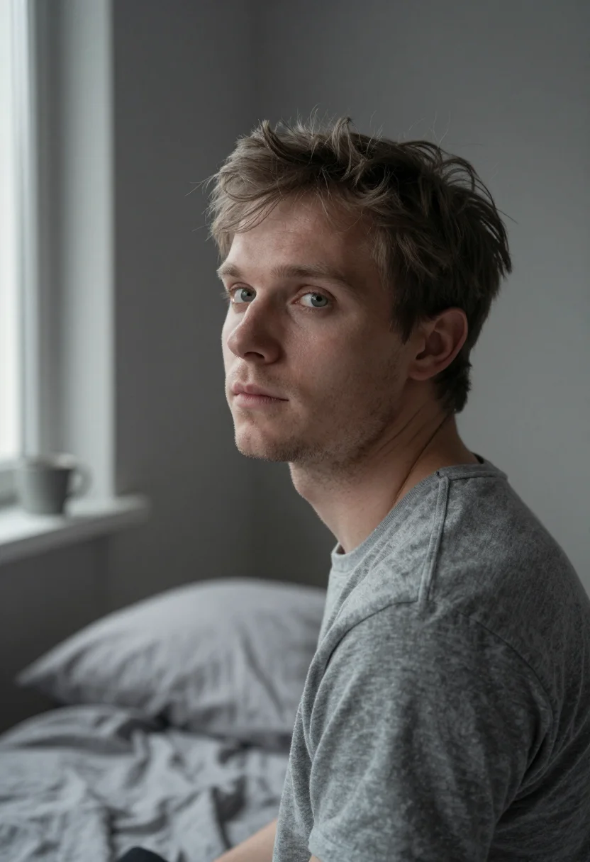 AI bedroom linen grey morning sample — portrait of a man, framed tight on the face and the tee's ne