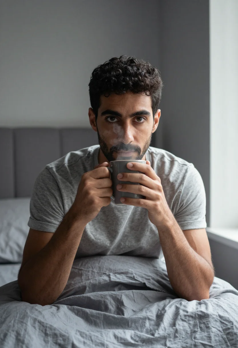 AI bedroom linen grey morning sample — portrait of a man, framed tight, head and shoulders, the bod