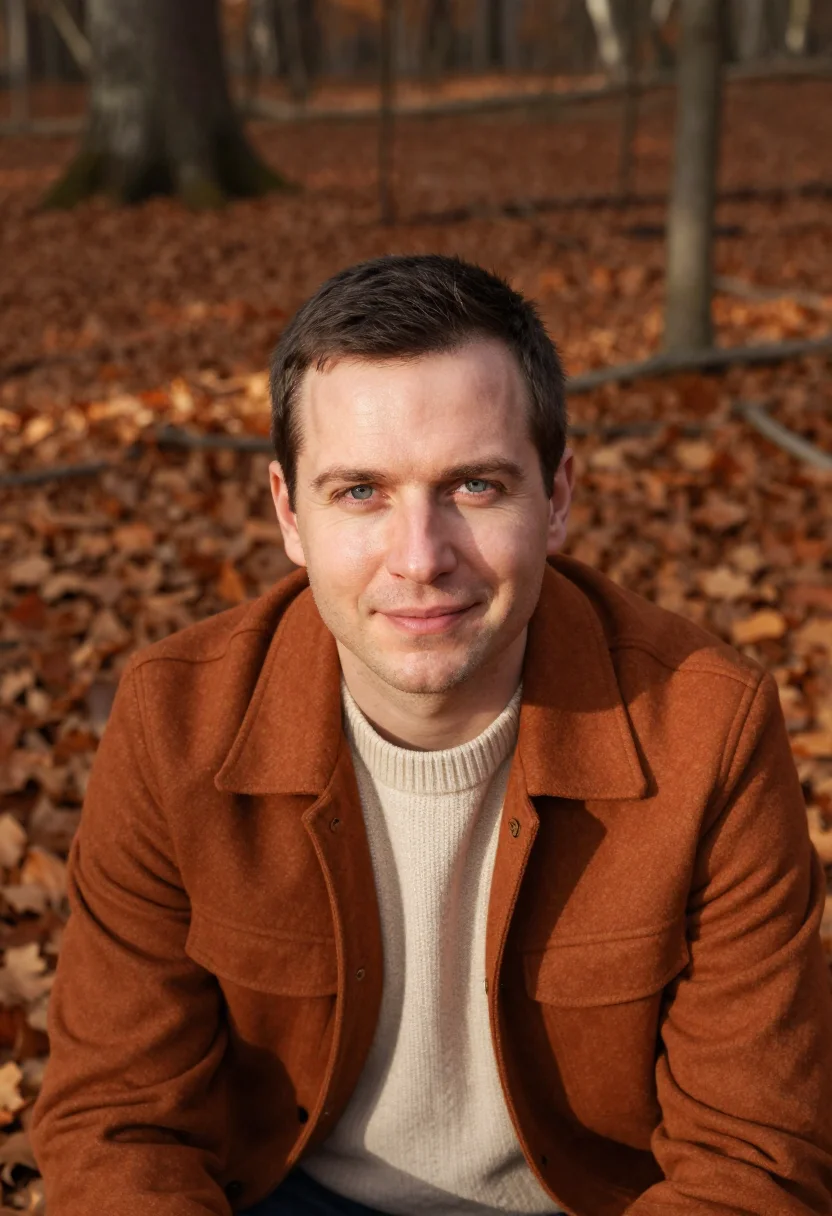 AI beech forest copper walk sample — portrait of a man, framed tight, head and shoulders, the bod