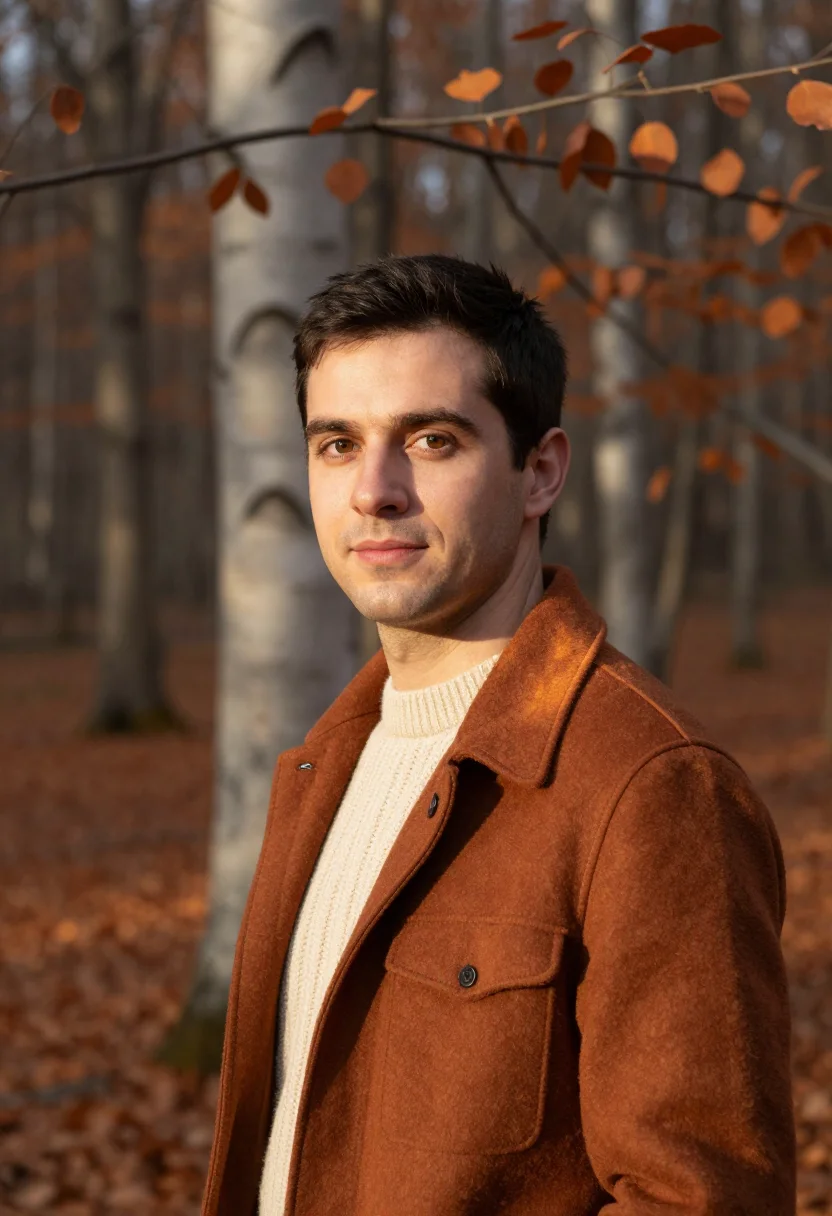 AI beech forest copper walk sample — portrait of a man, framed tight, head and shoulders, the bod