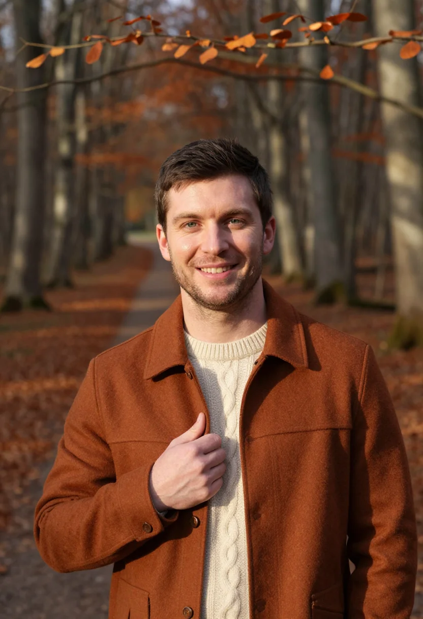 AI beech forest copper walk sample — portrait of a man, framed chest-up, cropped at the ribs, the
