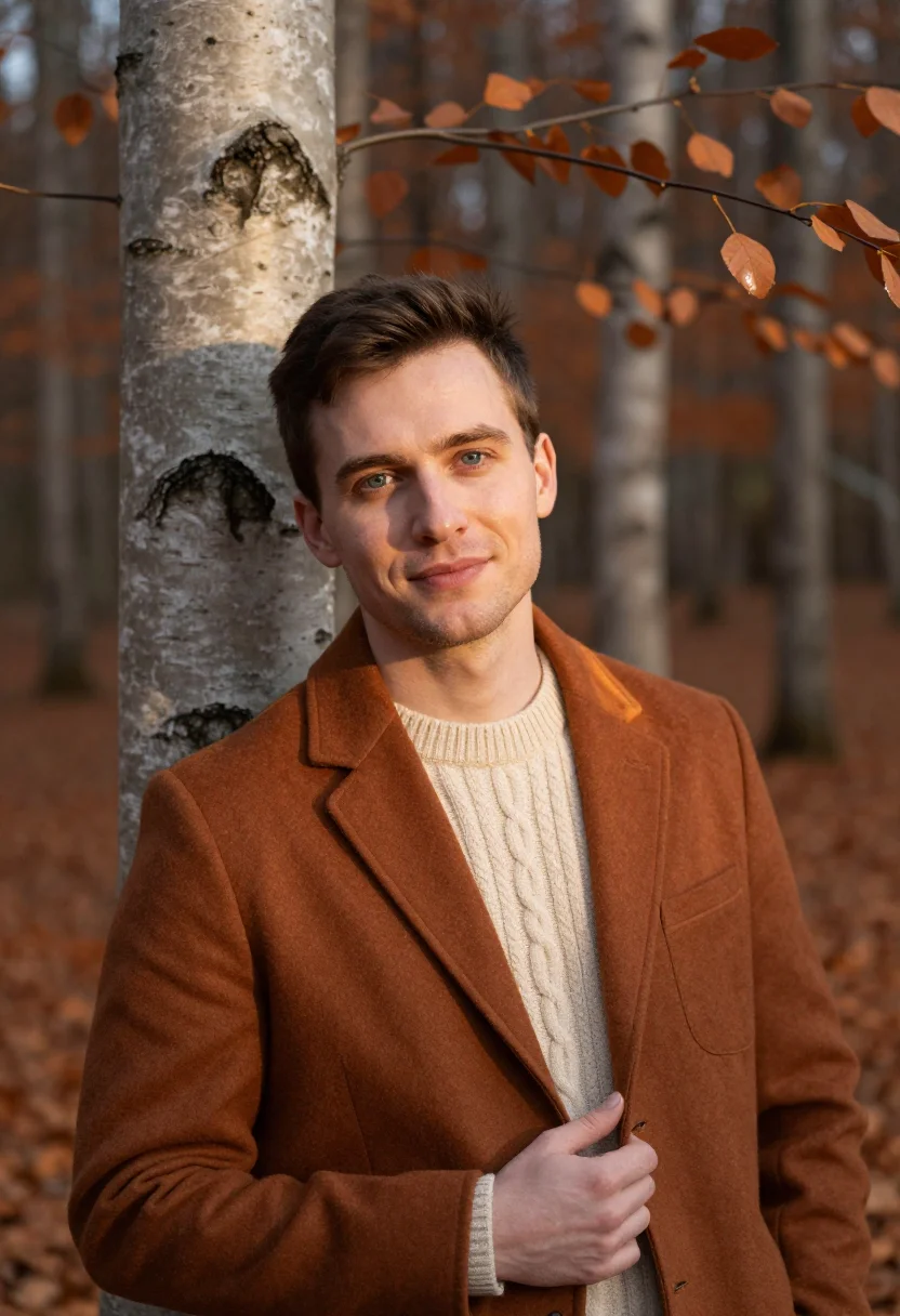 AI beech forest copper walk sample — portrait of a man, framed chest-up, cropped at the ribs, the