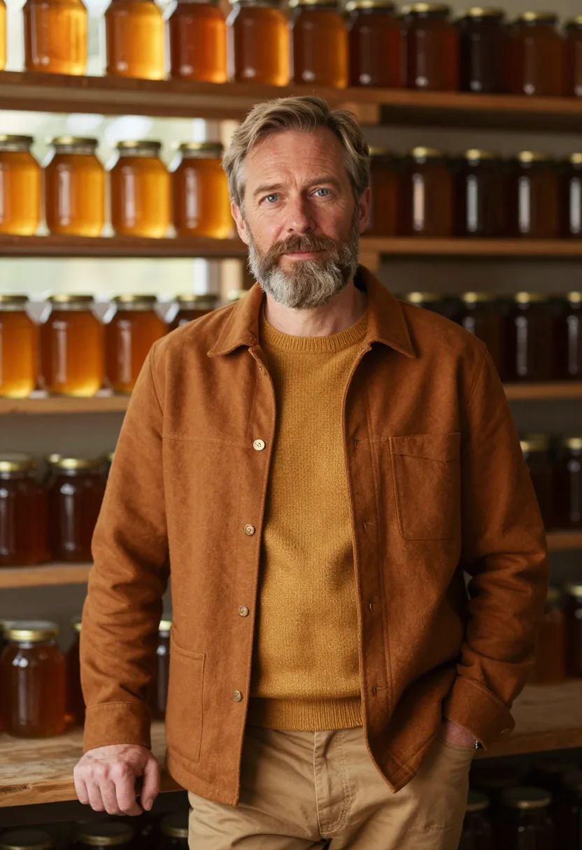 AI beekeeper honey harvest amber sample — portrait of a man, half-length portrait of a Western-Europea