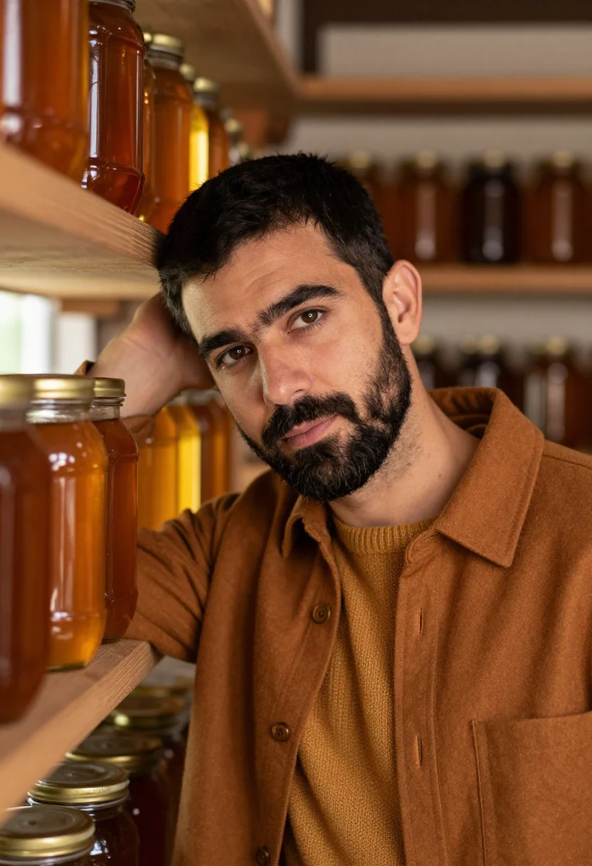 AI beekeeper honey harvest amber sample — portrait of a man, chest-up portrait of a Southern-European