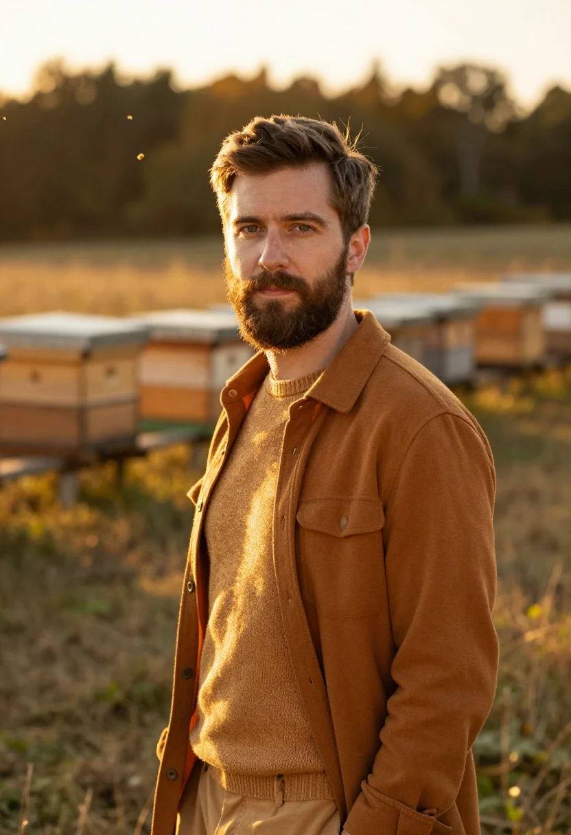 AI beekeeper honey harvest amber sample — portrait of a man, chest-up portrait of a Western-European m