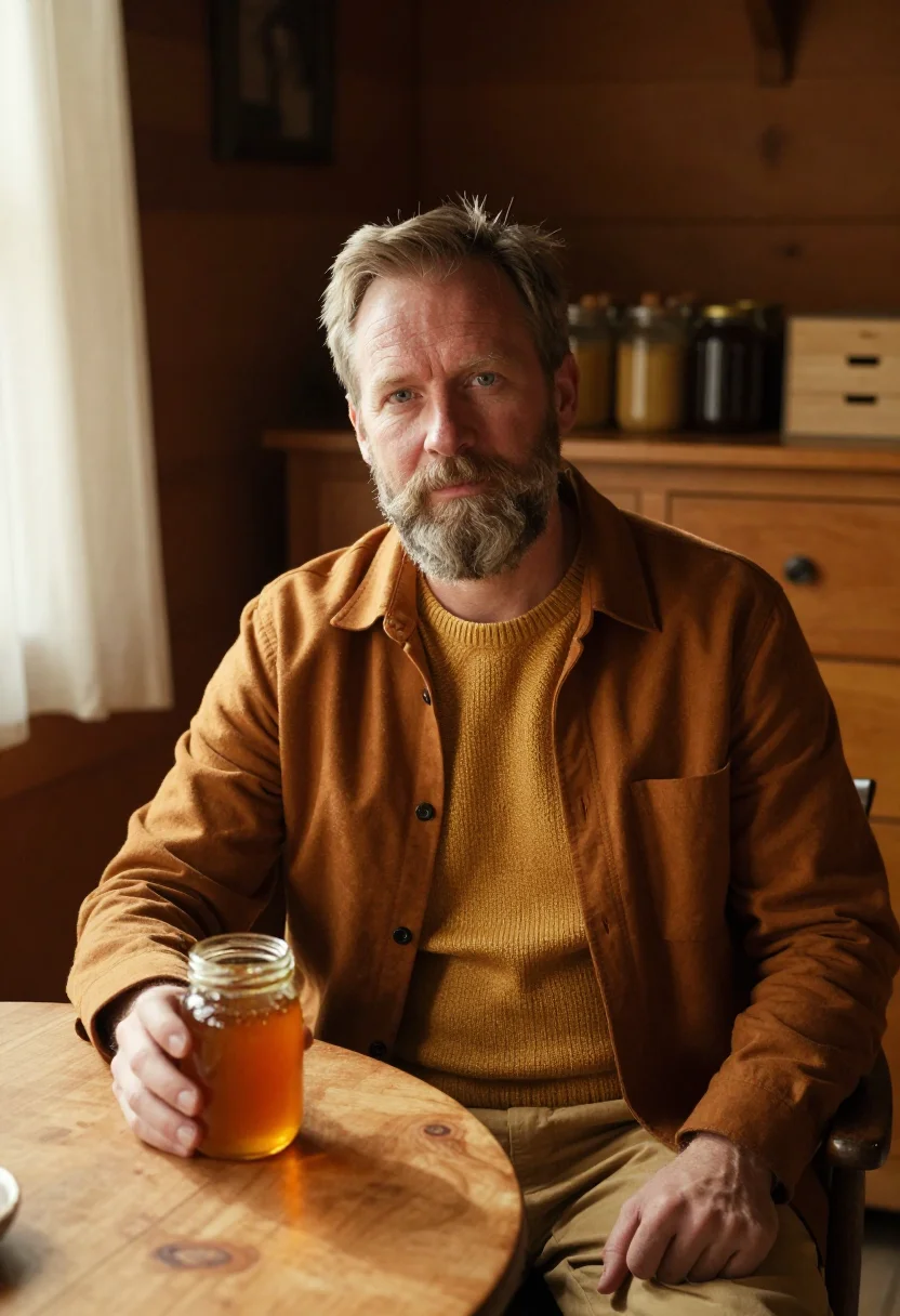 AI beekeeper honey harvest amber sample — portrait of a man, waist-up portrait of a Western-European m
