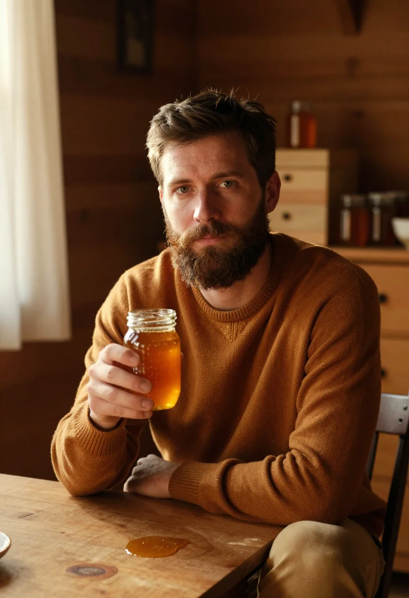 AI beekeeper honey harvest amber sample — portrait of a man, chest-up portrait of a Western-European m