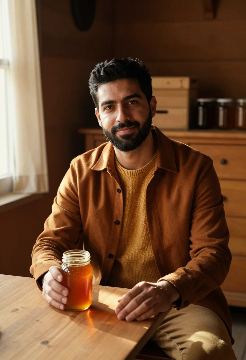AI beekeeper honey harvest amber sample — portrait of a man, half-length portrait of a Southern-Europe