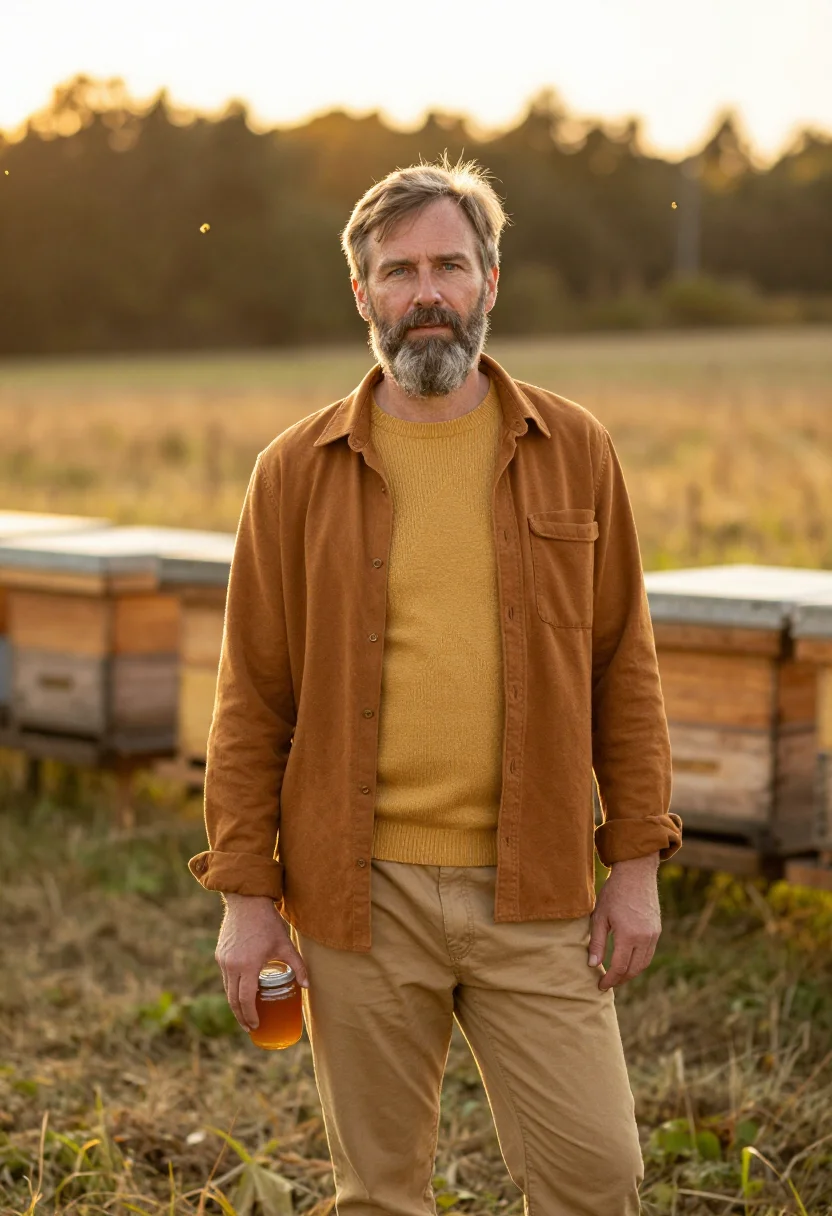 AI beekeeper honey harvest amber sample — portrait of a man, three-quarter-length portrait of a Wester