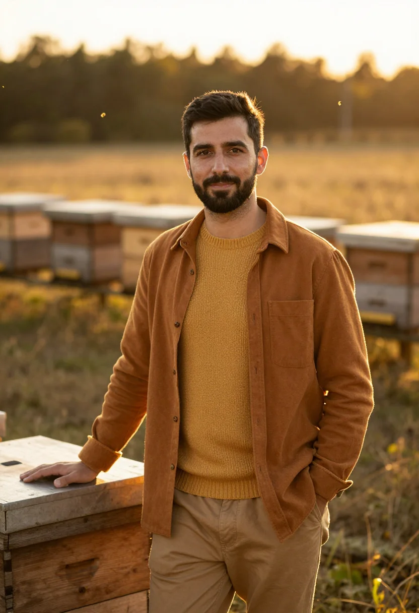 AI beekeeper honey harvest amber sample — portrait of a man, half-length portrait of a Southern-Europe