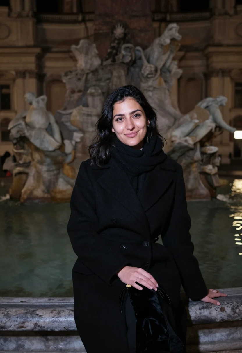 AI befana piazza navona black sample — portrait of a woman, framed half-length from the crown to th