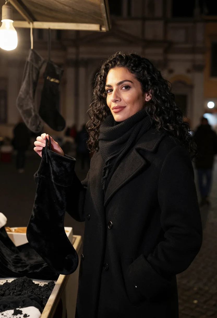 AI befana piazza navona black sample — portrait of a woman, framed half-length from the crown to th