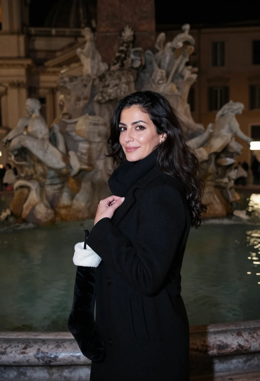 AI befana piazza navona black sample — portrait of a woman, framed chest-up with the crop at the ri