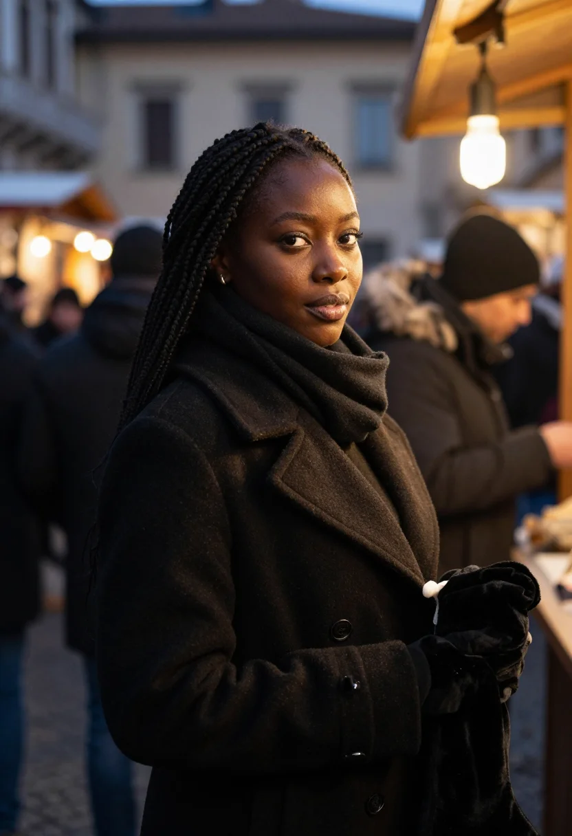 AI befana piazza navona black sample — portrait of a woman, framed tight, head and shoulders, the b