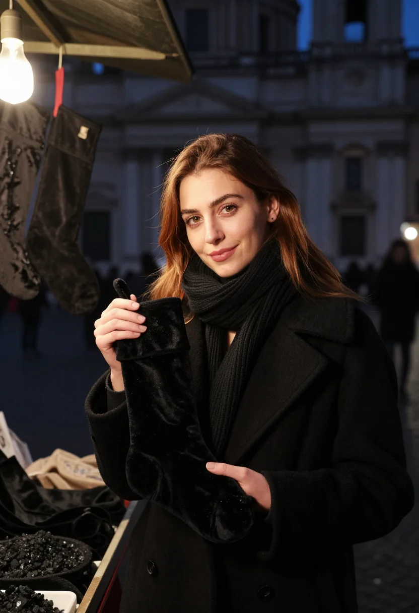 AI befana piazza navona black sample — portrait of a woman, framed chest-up with the crop at the ri