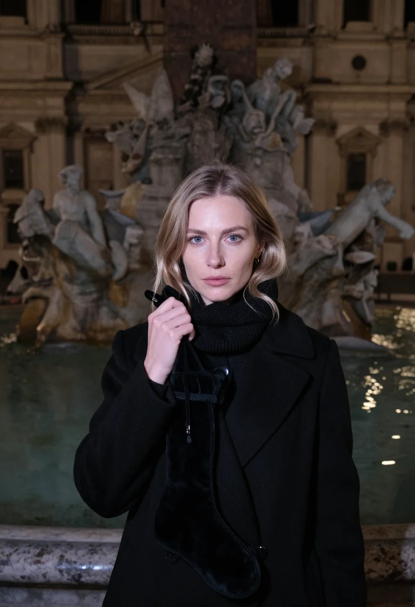 AI befana piazza navona black sample — portrait of a woman, framed tight, head and shoulders, the b